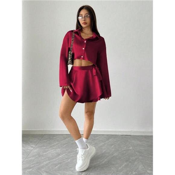 2pcs Women 1-Button Satin Blouse & Mini Skirt Set, Autumn - Picture 7 of 7